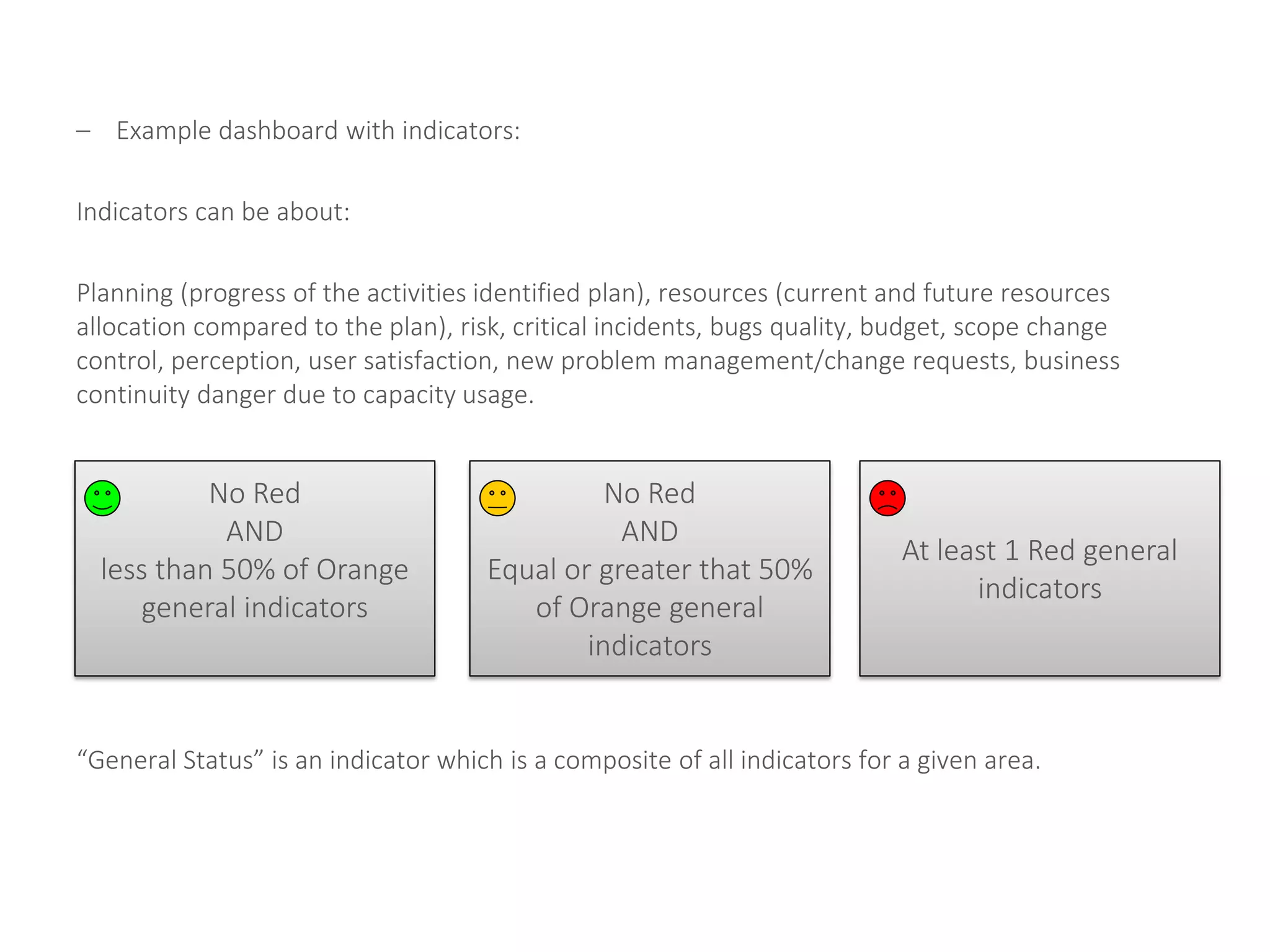 – Example dashboard with indicators:
Indicators can be about:
Planning (progress of the activities identified plan), resources (current and future resources
allocation compared to the plan), risk, critical incidents, bugs quality, budget, scope change
control, perception, user satisfaction, new problem management/change requests, business
continuity danger due to capacity usage.
“General Status” is an indicator which is a composite of all indicators for a given area.
No Red
AND
less than 50% of Orange
general indicators
No Red
AND
Equal or greater that 50%
of Orange general
indicators
At least 1 Red general
indicators
 