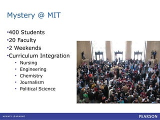 Mystery @ MIT 400 Students 20 Faculty 2 Weekends Curriculum Integration Nursing Engineering Chemistry Journalism Political Science 