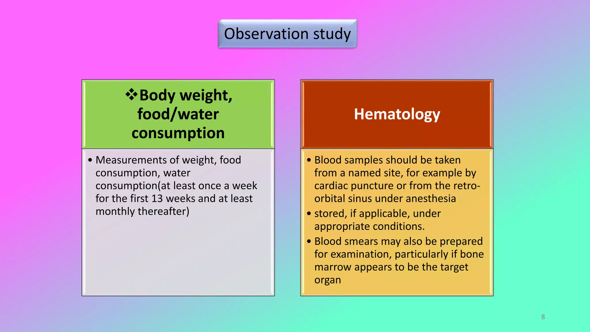 8
Body weight,
food/water
consumption
• Measurements of weight, food
consumption, water
consumption(at least once a week
for the first 13 weeks and at least
monthly thereafter)
Hematology
• Blood samples should be taken
from a named site, for example by
cardiac puncture or from the retro-
orbital sinus under anesthesia
• stored, if applicable, under
appropriate conditions.
• Blood smears may also be prepared
for examination, particularly if bone
marrow appears to be the target
organ
Observation study
 
