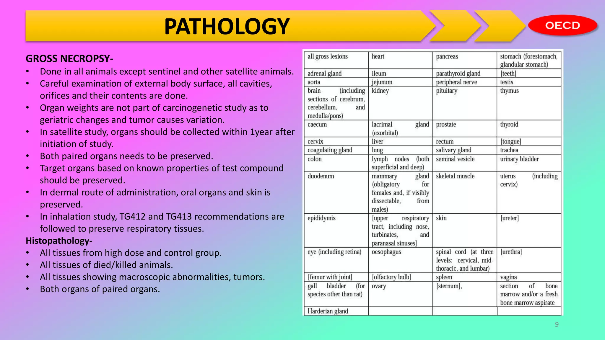 PATHOLOGY
GROSS NECROPSY-
• Done in all animals except sentinel and other satellite animals.
• Careful examination of external body surface, all cavities,
orifices and their contents are done.
• Organ weights are not part of carcinogenetic study as to
geriatric changes and tumor causes variation.
• In satellite study, organs should be collected within 1year after
initiation of study.
• Both paired organs needs to be preserved.
• Target organs based on known properties of test compound
should be preserved.
• In dermal route of administration, oral organs and skin is
preserved.
• In inhalation study, TG412 and TG413 recommendations are
followed to preserve respiratory tissues.
Histopathology-
• All tissues from high dose and control group.
• All tissues of died/killed animals.
• All tissues showing macroscopic abnormalities, tumors.
• Both organs of paired organs.
9
 