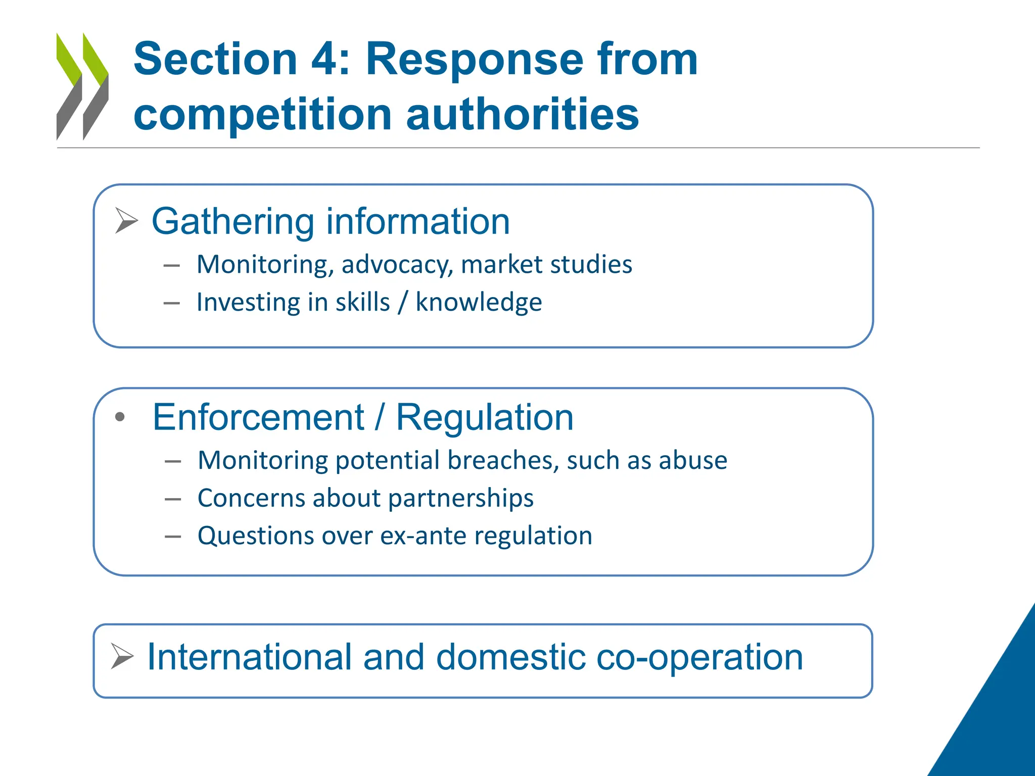 Section 4: Response from
competition authorities
International and domestic co-operation
Gathering information
– Monitoring, advocacy, market studies
– Investing in skills / knowledge
• Enforcement / Regulation
– Monitoring potential breaches, such as abuse
– Concerns about partnerships
– Questions over ex-ante regulation
