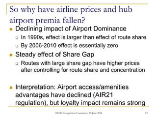 So why have airline prices and hub
airport premia fallen?
 Declining impact of Airport Dominance
 In 1990s, effect is larger than effect of route share
 By 2006-2010 effect is essentially zero
 Steady effect of Share Gap
 Routes with large share gap have higher prices
after controlling for route share and concentration
 Interpretation: Airport access/amenities
advantages have declined (AIR21
regulation), but loyalty impact remains strong
12OECD Competition Committee, 19 June 2014
 