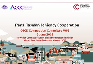 OECD Competition Committee WP3
5 June 2018
Jill Walker, Commissioner, New Zealand Commerce Commission
Marcus Bezzi, Executive General Manager, ACCC
Trans–Tasman Leniency Cooperation
 