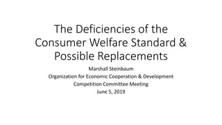 The Deficiencies of the
Consumer Welfare Standard &
Possible Replacements
Marshall Steinbaum
Organization for Economic Cooperation & Development
Competition Committee Meeting
June 5, 2019
 