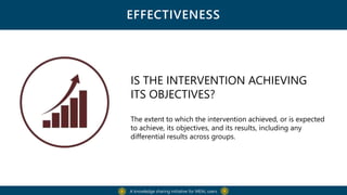 EFFECTIVENESS
A knowledge sharing initiative for MEAL users
IS THE INTERVENTION ACHIEVING
ITS OBJECTIVES?
The extent to which the intervention achieved, or is expected
to achieve, its objectives, and its results, including any
differential results across groups.
 
