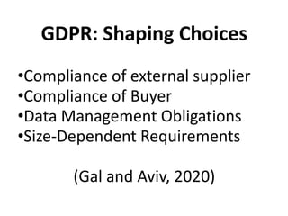 GDPR: Shaping Choices
•Compliance of external supplier
•Compliance of Buyer
•Data Management Obligations
•Size-Dependent Requirements
(Gal and Aviv, 2020)
 