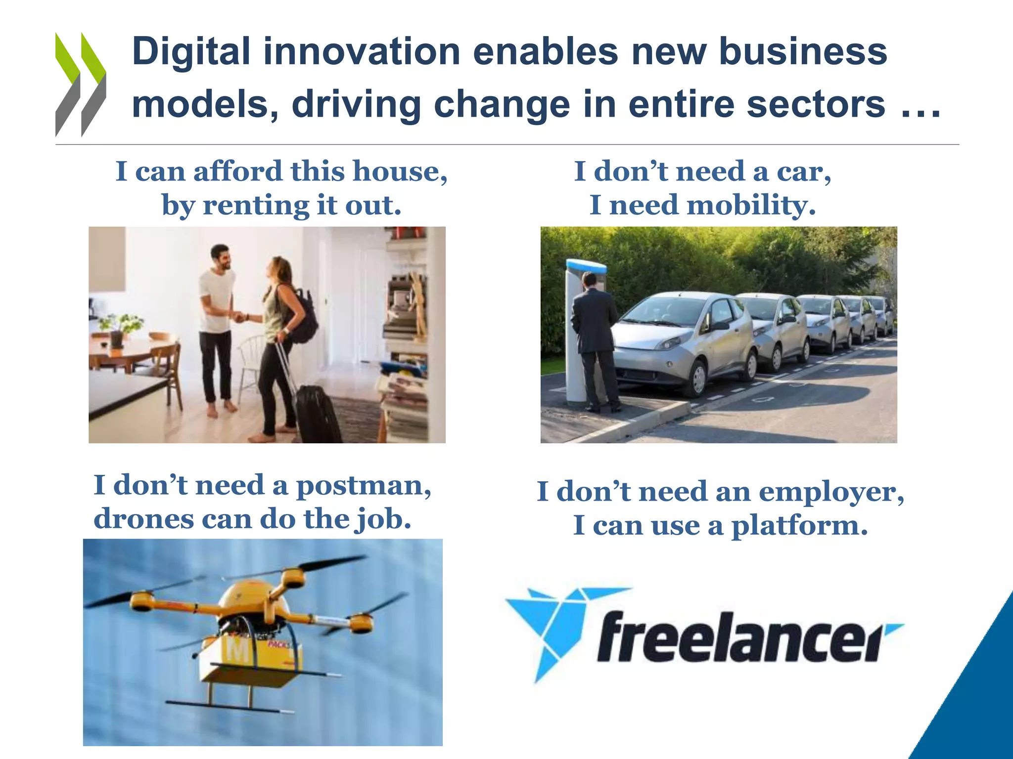 I don’t need a car,
I need mobility.
Digital innovation enables new business
models, driving change in entire sectors …
I don’t need a postman,
drones can do the job.
I don’t need an employer,
I can use a platform.
I can afford this house,
by renting it out.
 