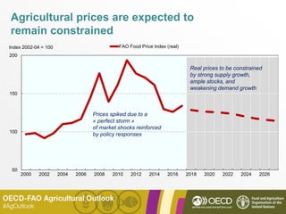 Agricultural prices are expected to
remain constrained
50
100
150
200
2000 2002 2004 2006 2008 2010 2012 2014 2016 2018 2020 2022 2024 2026
Index 2002-04 = 100 FAO Food Price Index (real)
Prices spiked due to a
« perfect storm »
of market shocks reinforced
by policy responses
Real prices to be constrained
by strong supply growth,
ample stocks, and
weakening demand growth
 