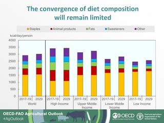 The convergence of diet composition
will remain limited
0
500
1000
1500
2000
2500
3000
3500
4000
2017-19 2029 2017-19 2029 2017-19 2029 2017-19 2029 2017-19 2029
World High Income Upper Middle
Income
Lower Middle
Income
Low Income
kcal/day/person
Staples Animal products Fats Sweeteners Other
 