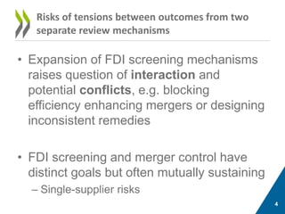 Risks of tensions between outcomes from two
separate review mechanisms
• Expansion of FDI screening mechanisms
raises ques...
