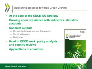 Green Growth indicators
• At the core of the OECD GG Strategy
• Drawing upon experience with indicators, statistics,
accounts
• Concrete outputs
– Conceptual measurement framework
– Set of indicators
– Database
• Used in OECD work: policy analysis
and country reviews
• Applications in countries
Monitoring progress towards Green Growth
 