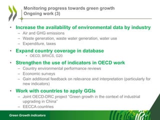 Green Growth indicators
• Increase the availability of environmental data by industry
– Air and GHG emissions
– Waste generation, waste water generation, water use
– Expenditure, taxes
• Expand country coverage in database
• OECD, BRIICS, G20
• Strengthen the use of indicators in OECD work
– Country environmental performance reviews
– Economic surveys
– Gain additional feedback on relevance and interpretation (particularly for
new indicators)
• Work with countries to apply GGIs
– Joint OECD-DRC project “Green growth in the context of industrial
upgrading in China”
– EECCA countries
Monitoring progress towards green growth
Ongoing work (3)
 