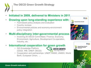 Green Growth indicators
• Initiated in 2009, delivered to Ministers in 2011
• Drawing upon long-standing experience with:
• Fact-based policy analysis and evaluation
• Country reviews
• Environmental policies and economy-environment
policy integration
• Multi-disciplinary inter-governmental process
• Involving 25 OECD Committees: Finance, Economy,
Environment, Agriculture, Development Co-operation,
Industry, etc.
• International cooperation for green growth
• GG Knowledge Platform
(GGGI, WB, UNEP, OECD)
• Cooperation and partnerships: UNEP, UNSD, UNIDO, World
Bank, European Union, ...
The OECD Green Growth Strategy
 