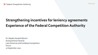 bwb.gv.at
Strengthening incentives for leniency agreements
Experience of the Federal Competition Authority
Dr. Natalie Harsdorf-Borsch
Acting Director General
LatinAmerican and Caribbean Competition
Forum
27 September 2022
 