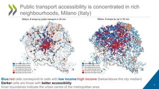 Public transport accessibility is concentrated in rich
neighbourhoods, Milano (Italy)
8
Blue/red cells correspond to cells with low income/high income (below/above the city median)
Darker cells are those with better accessibility
Inner boundaries indicate the urban centre of the metropolitan area.
 
