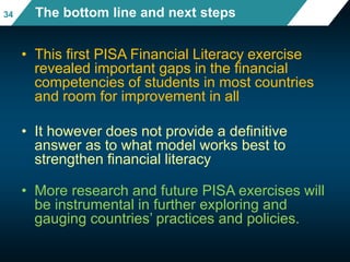 • This first PISA Financial Literacy exercise
revealed important gaps in the financial
competencies of students in most countries
and room for improvement in all
• It however does not provide a definitive
answer as to what model works best to
strengthen financial literacy
• More research and future PISA exercises will
be instrumental in further exploring and
gauging countries’ practices and policies.
The bottom line and next steps34
 