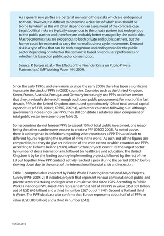 As a general rule parties are better at managing those risks which are endogenous
to them. However, it is difficult to determine a clear list of which risks should be
borne by whom as this will often depend on an assessment of the concrete case.
Legal/political risks are typically exogenous to the private partner but endogenous
to the public partner and therefore are probably better managed by the public side.
Macroeconomic risks are exogenous to both private and public partners, but the
former could be expected to carry the normal business cycle movements. Demand
risk is a type of risk that can be both exogenous and endogenous for the public
sector depending on whether the demand is based on end users’preferences or
whether it is based on public sector consumption.
Source: P. Burger et. al. « The Effects of the Financial Crisis on Public-Private
Partnerships”. IMF Working Paper 144, 2009.
Since the early 1990s, and even more so since the early 2000s there has been a significant
increase in the stock of PPPs in OECD countries. Countries such as the United Kingdom,
Korea, France, Australia, Portugal and Germany increasingly use PPPs to deliver services
that they previously delivered through traditional public procurement. For most of the last
decade, PPPs in the United Kingdom constituted approximately 12% of total annual capital
expenditure (cf. EIB, 2004:5; KPMG, 2007: 4), with other countries following suit. Although
governments increasingly use PPPs, they still constitute a relatively small component of
total public sector investment (see Table 2).
Some countries do not foresee PPPs to exceed 15% of total public investment, one reason
being the rather cumbersome process to create a PPP (OECD 2008). As noted above,
there is a divergence in definitions regarding what constitutes a PPP. This also leads to
different figures regarding the number of PPPs in the world. As such, not all the figures are
comparable, but they do give an indication of the wide extent to which countries use PPPs.
According to Deloitte Ireland (2009), infrastructure projects constitute the largest sector
by number of deals internationally, followed by healthcare and education. The United
Kingdom is by far the leading country implementing projects, followed by the rest of the
EU put together. New PPP contract activity reached a peak during the period 2003-7, before
slowing down due to the onset of the international financial crisis and recession.
Table 1 comprises data collected by Public Works Financing International Major Projects
Survey (PWF 2009: 2). It includes projects that represent various combinations of public and
private sector risk-taking and represents cumulative data since 1985. According to Public
Works Financing (PWF) Road PPPs represent almost half of all PPPs in value (USD 307 billion
out of USD 645 billion) and a third in number (567 out of 1 747). Second is Rail and third
is Water. The PWF database also confirms that Europe represents about half of all PPPs in
value (USD 303 billion) and a third in number (642).
©OECD 2012
 