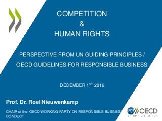 COMPETITION
&
HUMAN RIGHTS
PERSPECTIVE FROM UN GUIDING PRINCIPLES /
OECD GUIDELINES FOR RESPONSIBLE BUSINESS
DECEMBER 1ST 2016
Prof. Dr. Roel Nieuwenkamp
CHAIR of the OECD WORKING PARTY ON RESPONSIBLE BUSINESS
CONDUCT
 