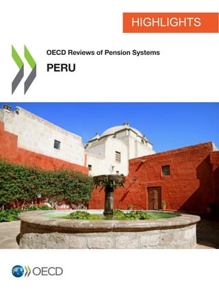 OECD Reviews of Pension Systems
PERU
OECD Reviews of Pension Systems
PERU
This review assesses Peru’s pension system in its entirety, looking at both public and private, pay-as-you-go
(PAYG) ﬁnanced and funded pension provisions. The review then provides policy options to help tackle old-age
poverty; establish a solid framework for the contributory pension system to meet its objectives; improve
the coverage and level of pensions; and optimise the design and improve the regulation of the funded private
pension component. A further goal of these proposals is to improve the Peruvian population’s trust that
the country’s pension system will be able to deliver secure retirement income in old age.
The review is the ﬁfth in a series of country reviews of pension systems [Ireland (2014), Mexico (2016), Latvia
(2018), and Portugal (2019)]. These reviews provide countries with policy options that will help them improve
the functioning of their overall pension system. Tailored policy options are proposed based on the speciﬁcities
of the national pension system, and on international best practices regarding reforms, design and regulation
of pension systems.
ISBN 978-92-64-44783-7
Consult this publication on line at https://doi.org/10.1787/e80b4071-en.
This work is published on the OECD iLibrary, which gathers all OECD books, periodicals and statistical databases.
Visit www.oecd-ilibrary.org for more information.
9HSTCQE*eehidh+
2019
OECDReviewsofPensionSystemsPERU
HIGHLIGHTS
 