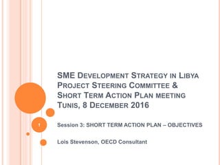 SME DEVELOPMENT STRATEGY IN LIBYA
PROJECT STEERING COMMITTEE &
SHORT TERM ACTION PLAN MEETING
TUNIS, 8 DECEMBER 2016
Session 3: SHORT TERM ACTION PLAN – OBJECTIVES
Lois Stevenson, OECD Consultant
1
 
