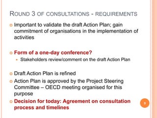 ROUND 3 OF CONSULTATIONS - REQUIREMENTS
 Important to validate the draft Action Plan; gain
commitment of organisations in the implementation of
activities
 Form of a one-day conference?
 Stakeholders review/comment on the draft Action Plan
 Draft Action Plan is refined
 Action Plan is approved by the Project Steering
Committee – OECD meeting organised for this
purpose
 Decision for today: Agreement on consultation
process and timelines
9
 