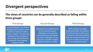 Divergent perspectives
The views of countries can be generally described as falling within
three groups:
User participation may lead to
misalignments between where
profits are taxed and where
value is created. This does not
undermine the principles of
the existing international tax
framework. Only targeted
changes needed.
BEPS package has largely
addressed double non-taxation,
but still too early to fully assess
the impact. Generally satisfied
with the existing tax system and
do not currently see the need
for any significant reform.
First Group Third GroupSecond Group
Digitalisation and globalisation
of the economy present
challenges to the existing
international tax framework,
but these challenges are not
exclusive or specific to highly
digitalised business models.
 