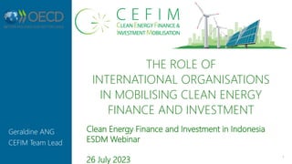 THE ROLE OF
INTERNATIONAL ORGANISATIONS
IN MOBILISING CLEAN ENERGY
FINANCE AND INVESTMENT
1
Geraldine ANG
CEFIM Team Lead
Clean Energy Finance and Investment in Indonesia
ESDM Webinar
26 July 2023
 