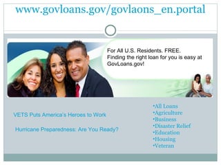 www.govloans.gov/govlaons_en.portal VETS Puts America’s Heroes to Work  Hurricane Preparedness: Are You Ready?  For All U.S. Residents. FREE. Finding the right loan for you is easy at GovLoans.gov! All Loans  Agriculture  Business  Disaster Relief  Education  Housing  Veteran  
