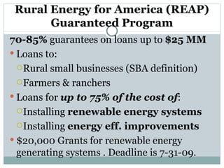 Rural Energy for America (REAP) Guaranteed Program 70-85%  guarantees on loans up to  $25 MM Loans to: Rural small businesses (SBA definition) Farmers & ranchers Loans for  up to 75% of the cost of : Installing  renewable energy systems Installing  energy eff. improvements $20,000 Grants for renewable energy generating systems . Deadline is 7-31-09. 