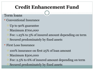 Credit Enhancement Fund Term loans Conventional Insurance Up to 90% guarantee Maximum  $700,000 Fee: 1.25% to 3% of insured amount depending on term Secured predominately by fixed assets First Loss Insurance 100% insurance on first 25% of loan amount Maximum $300,000 Fee: 2.5% to 6% of insured amount depending on term Secured predominately by fixed assets 