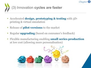  Accelerated design, prototyping & testing with 3D-
printing & virtual simulation
 Release of pilot versions to the market
 Regular upgrading (based on consumer’s feedback)
 Flexible manufacturing enabling small series production
at low cost (allowing more personalisation)
(3) Innovation cycles are faster
Chapter 1
 