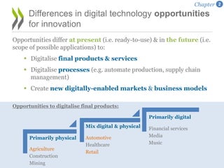 Opportunities differ at present (i.e. ready-to-use) & in the future (i.e.
scope of possible applications) to:
 Digitalise final products & services
 Digitalise processes (e.g. automate production, supply chain
management)
 Create new digitally-enabled markets & business models
Differences in digital technology opportunities
for innovation
Chapter 2
Primarily physical
Agriculture
Construction
Mining
Mix digital & physical
Automotive
Healthcare
Retail
Primarily digital
Financial services
Media
Music
Opportunities to digitalise final products:
 