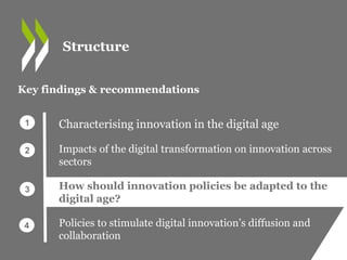 Characterising innovation in the digital age
Impacts of the digital transformation on innovation across
sectors
How should innovation policies be adapted to the
digital age?
Policies to stimulate digital innovation’s diffusion and
collaboration
Key findings & recommendations
1
2
3
4
Structure
 