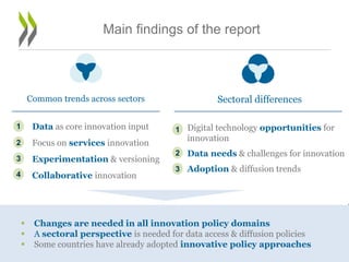 Common trends across sectors
1. Data as core innovation input
2. Focus on services innovation
3. Experimentation & versioning
4. Collaborative innovation
Main findings of the report
Sectoral differences
1. Digital technology opportunities for
innovation
2. Data needs & challenges for innovation
3. Adoption & diffusion trends
 Changes are needed in all innovation policy domains
 A sectoral perspective is needed for data access & diffusion policies
 Some countries have already adopted innovative policy approaches
1
2
3
4
1
2
3
 
