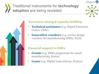 Awareness raising & capacity building
 Technical assistance (e.g. Digital Extension
Centre, Chile)
 Innovation vouchers (e.g. service design
vouchers for manufacturing SMEs, NLD)
Financial support to SMEs
 Grants (e.g. SMEs programme for smart
manufacturing, Korea)
 Loans (e.g. Digital Loan scheme, France)
Traditional instruments for technology
adoption are being revisited
Chapter 4
 