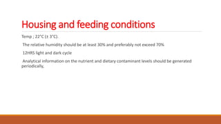Housing and feeding conditions
Temp ; 22°C (± 3°C).
The relative humidity should be at least 30% and preferably not exceed 70%
12HRS light and dark cycle
Analytical information on the nutrient and dietary contaminant levels should be generated
periodically,
 