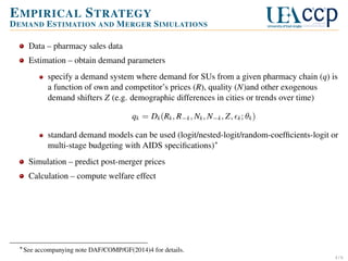 E MPIRICAL S TRATEGY
D EMAND E STIMATION AND M ERGER S IMULATIONS
Data – pharmacy sales data
Estimation – obtain demand parameters
specify a demand system where demand for SUs from a given pharmacy chain (q) is
a function of own and competitor’s prices (R), quality (N)and other exogenous
demand shifters Z (e.g. demographic differences in cities or trends over time)
qk = Dk (Rk , R−k , Nk , N−k , Z, k ; θk )
standard demand models can be used (logit/nested-logit/random-coefﬁcients-logit or
multi-stage budgeting with AIDS speciﬁcations)∗
Simulation – predict post-merger prices
Calculation – compute welfare effect

∗ See accompanying note DAF/COMP/GF(2014)4 for details.
4/6

 