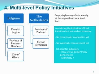 4. Multi-level Policy Initiatives
7
Belgium
Flemish
Region
Province of
Eastern-
Flanders
City of
Ghent
The
Netherlands
Province of
Zeeland
City of
Terneuzen
Surprisingly many efforts already
at the regional and local level
but…
considering the indicators of local
transition to a low-carbon economy:
- No cross-border cooperation yet
- No systematic measurement yet
-Yet need for indicators:
- How are we doing? Policy
performance
- Legitimacy ?
 