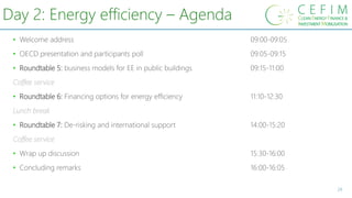 29
Day 2: Energy efficiency – Agenda
• Welcome address 09:00-09:05
• OECD presentation and participants poll 09:05-09:15
•...