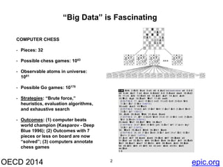 COMPUTER CHESS 
• Pieces: 32 
“Big Data” is Fascinating 
• Possible chess games: 1043 
• Observable atoms in universe: 
1081 
• Possible Go games: 10170 
• Strategies: “Brute force,” 
heuristics, evaluation algorithms, 
and exhaustive search 
• Outcomes: (1) computer beats 
world champion (Kasparov - Deep 
Blue 1996); (2) Outcomes with 7 
pieces or less on board are now 
“solved”; (3) computers annotate 
chess games 
OECD 2014 2 
epic.org 
 