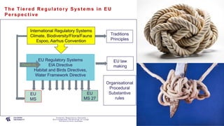 P A G E
3
The Tie re d R e gula t ory Sys t e ms in EU
Pe rs pe c t ive
C o m p l e x R e g u l a t o r y S y s t e m s –
E n v i r o n m e n t a l P e r m i t t i n g o f L a r g e
I n f r a s t r u c t u r e s y s t e m s
International Regulatory Systems
Climate, Biodiversity/Flora/Fauna
Espoo, Aarhus Convention
EU Regulatory Systems
EIA Directive
Habitat and Birds Directives,
Water Framework Directive
EU
MS
Traditions
Principles
EU law
making
EU
MS 27
Climate obj.
Organisational
Procedural
Substantive
rules
 