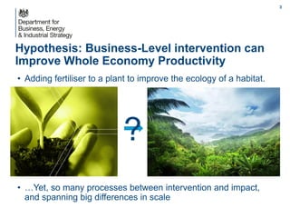 Hypothesis: Business-Level intervention can
Improve Whole Economy Productivity
• Adding fertiliser to a plant to improve the ecology of a habitat.
• …Yet, so many processes between intervention and impact,
and spanning big differences in scale
?
3
 