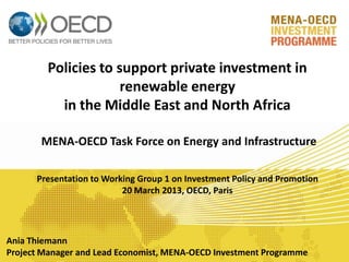 Policies to support private investment in
renewable energy
in the Middle East and North Africa
MENA-OECD Task Force on Energy and Infrastructure
Ania Thiemann
Project Manager and Lead Economist, MENA-OECD Investment Programme
Presentation to Working Group 1 on Investment Policy and Promotion
20 March 2013, OECD, Paris
 