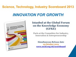 Science, Technology, Industry Scoreboard 2013

INNOVATION FOR GROWTH
Istanbul at the Global Forum
on the Knowledge Economy
(GFKE)
Paris at the Committee for Industry,
Innovation & Entrepreneurship
Simultaneous Release date
23 October 2013
www.oecd.org/sti/scoreboard

 