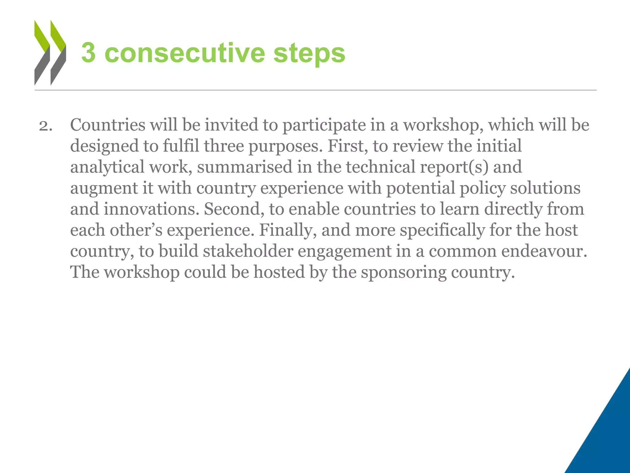 2. Countries will be invited to participate in a workshop, which will be
designed to fulfil three purposes. First, to review the initial
analytical work, summarised in the technical report(s) and
augment it with country experience with potential policy solutions
and innovations. Second, to enable countries to learn directly from
each other’s experience. Finally, and more specifically for the host
country, to build stakeholder engagement in a common endeavour.
The workshop could be hosted by the sponsoring country.
3 consecutive steps
 