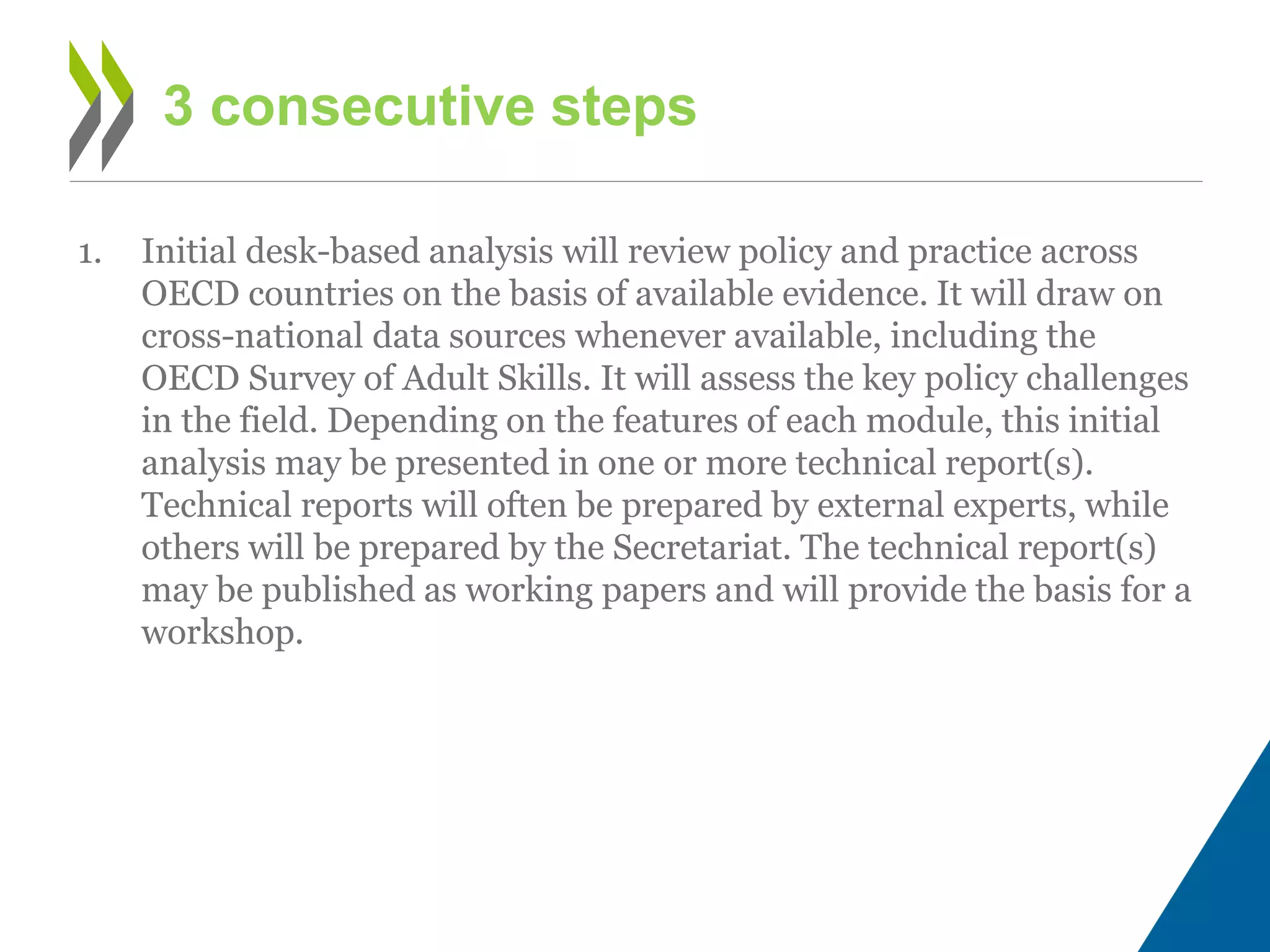 1. Initial desk-based analysis will review policy and practice across
OECD countries on the basis of available evidence. It will draw on
cross-national data sources whenever available, including the
OECD Survey of Adult Skills. It will assess the key policy challenges
in the field. Depending on the features of each module, this initial
analysis may be presented in one or more technical report(s).
Technical reports will often be prepared by external experts, while
others will be prepared by the Secretariat. The technical report(s)
may be published as working papers and will provide the basis for a
workshop.
3 consecutive steps
 