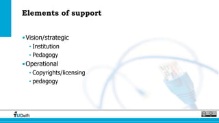 Elements of support
•Vision/strategic
• Institution
• Pedagogy
•Operational
• Copyrights/licensing
• pedagogy
 