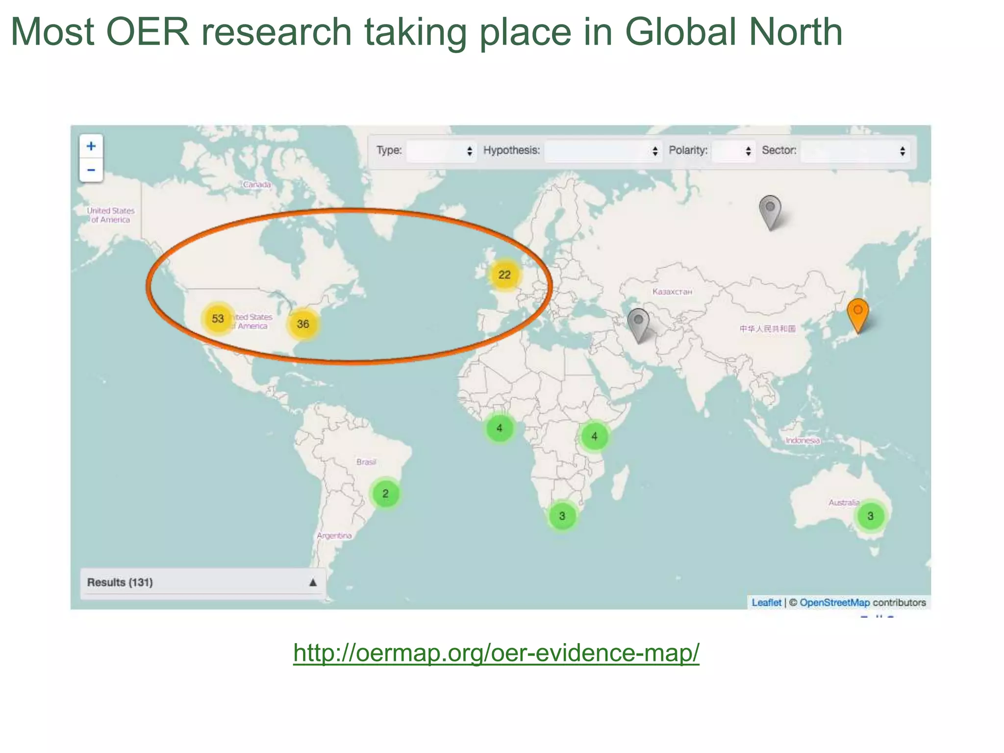 http://oermap.org/oer-evidence-map/
Most OER research taking place in Global North
 