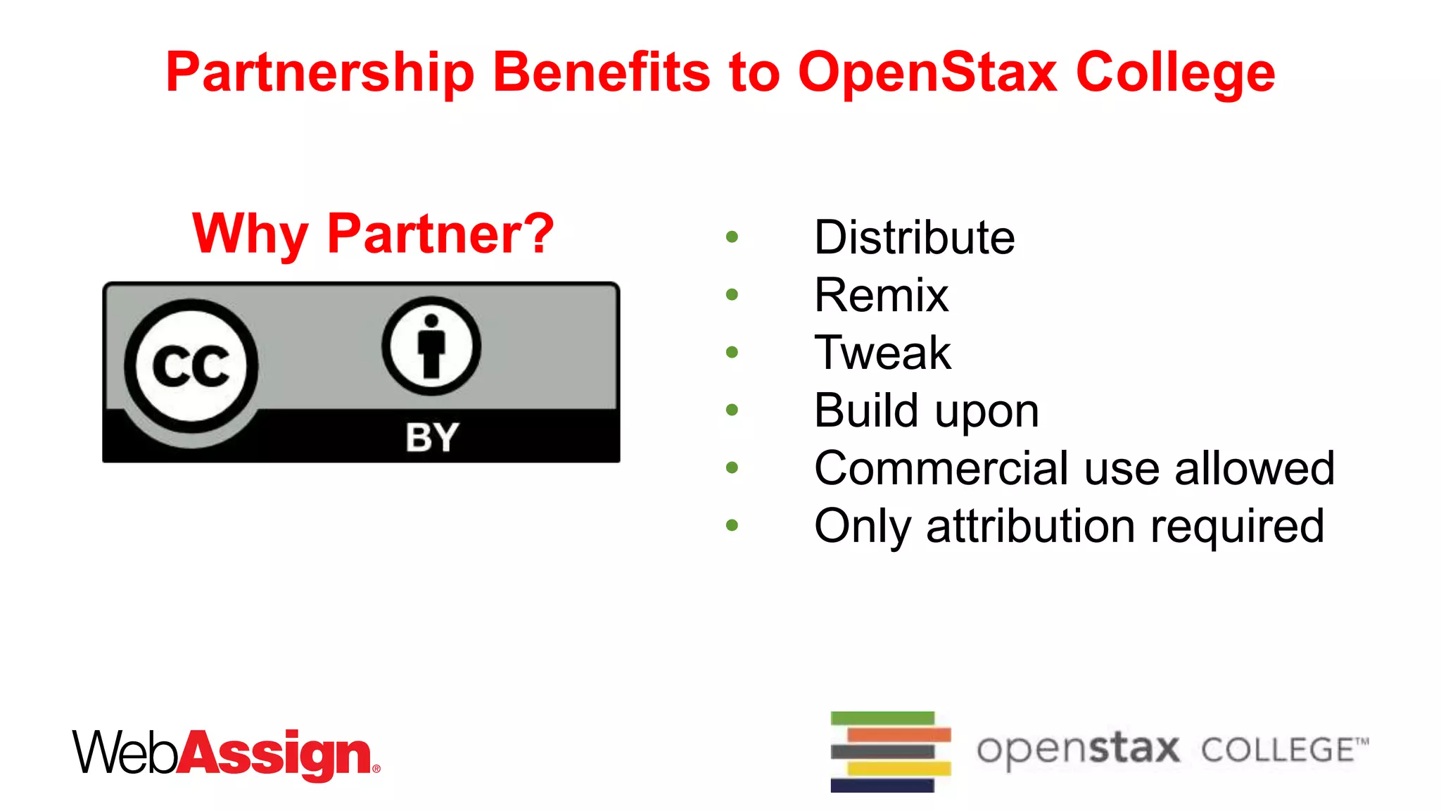• Distribute
• Remix
• Tweak
• Build upon
• Commercial use allowed
• Only attribution required
Partnership Benefits to OpenStax College
Why Partner?
 