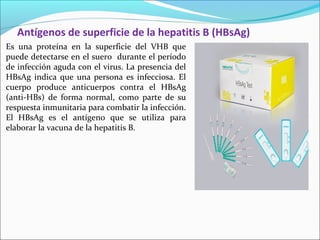 Antígenos de superficie de la hepatitis B (HBsAg)
Es una proteína en la superficie del VHB que
puede detectarse en el suero durante el período
de infección aguda con el virus. La presencia del
HBsAg indica que una persona es infecciosa. El
cuerpo produce anticuerpos contra el HBsAg
(anti-HBs) de forma normal, como parte de su
respuesta inmunitaria para combatir la infección.
El HBsAg es el antígeno que se utiliza para
elaborar la vacuna de la hepatitis B.
 